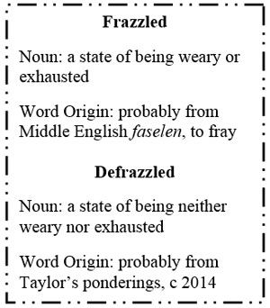 Text Box: Frazzled Noun: a state of being weary or exhausted Word Origin: probably from Middle English faselen, to fray Defrazzled Noun: a state of being neither weary nor exhausted Word Origin: probably from Taylor’s ponderings, c 2014